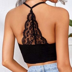 Black Lace Back Halter Crop Top